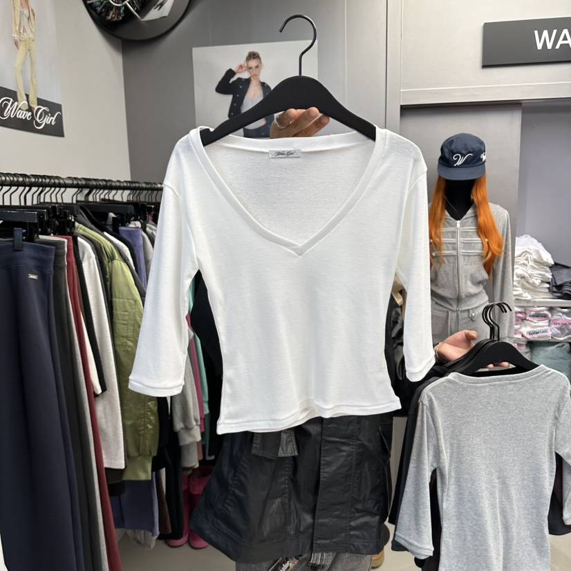 WAVE東大門代購女士新品人氣時尚推薦真品休閑熱賣T恤V領WAVET恤