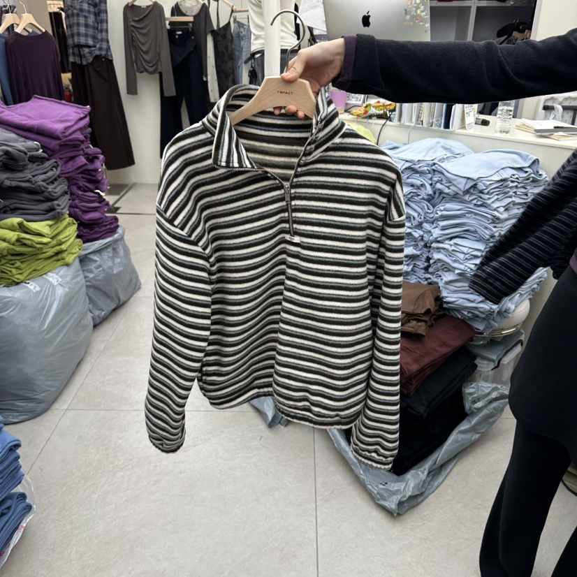 I MFACT東大門直郵女裝新品推薦休閑衛衣半拉鏈抓絨條紋I MFACT衛衣