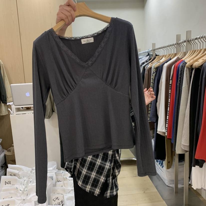VILLABUTTON韓國代購女裝新品休閑推薦人氣長袖T恤蕾絲褶皺VILLA BUTTON長袖T恤