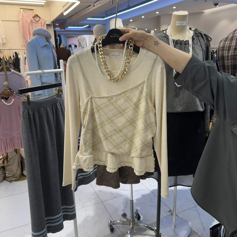 BIKINI韓國直郵女士新品休閑推薦熱賣人氣時尚長袖T恤格子BIKINI長袖T恤