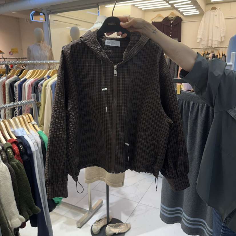 BIKINI東大門實拍女士新品熱賣時尚推薦真品夾克連帽衫格紋BIKINI夾克