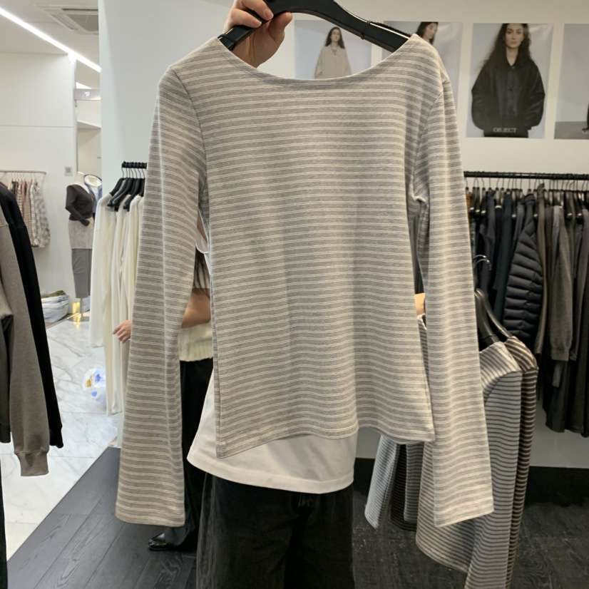 OBJECT韓國代購女裝新品時尚人氣推薦熱賣長袖T恤船領條紋OBJECT長袖T恤
