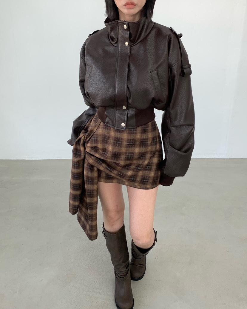 2TWO MOON韓國直郵女士新款時尚休閑熱賣人氣皮衣高領短款2TWO MOON皮衣