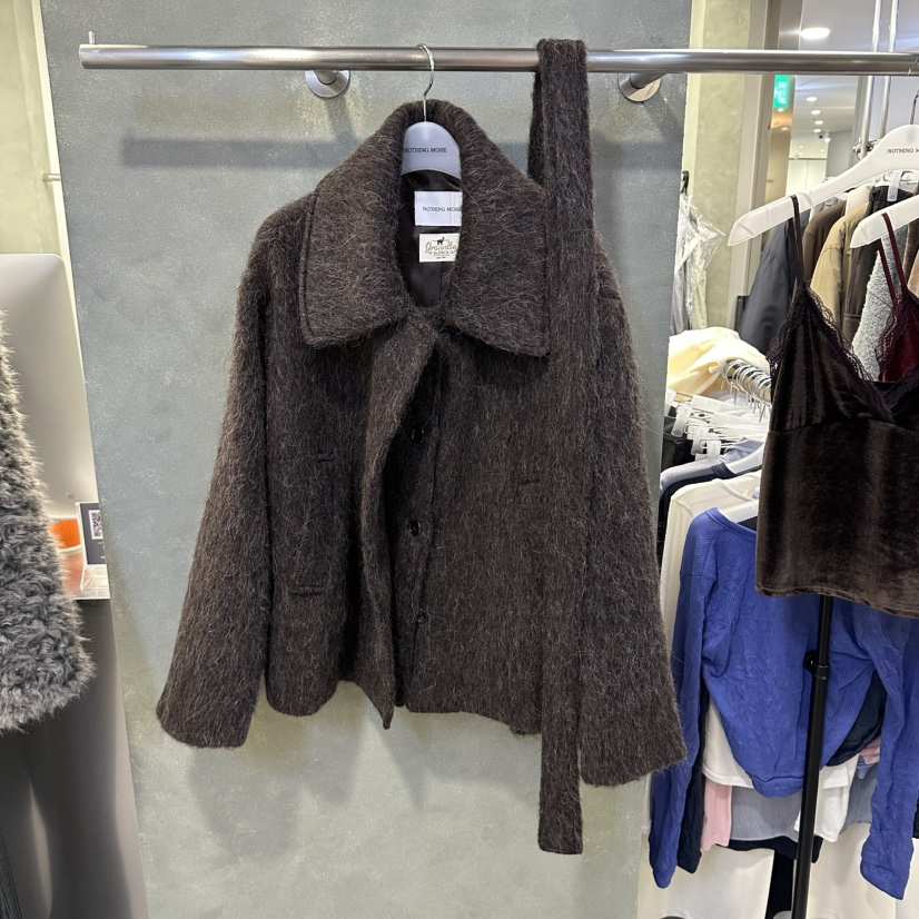 NOTHING MORE韓國直郵女士新品休閑短款大衣安哥拉含腰帶NOTHING MORE短款大衣
