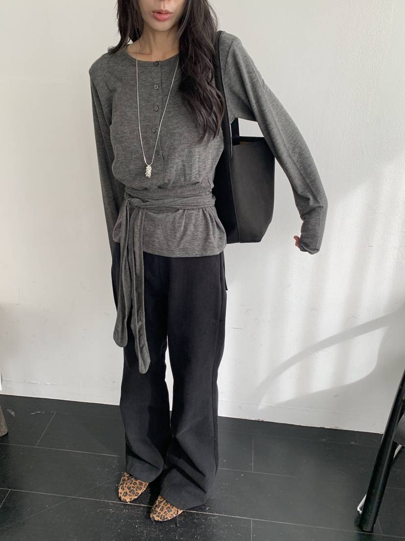 KYEM東大門實拍女士新款熱賣時尚休閑推薦人氣長袖T恤腰帶KYEM長袖T恤