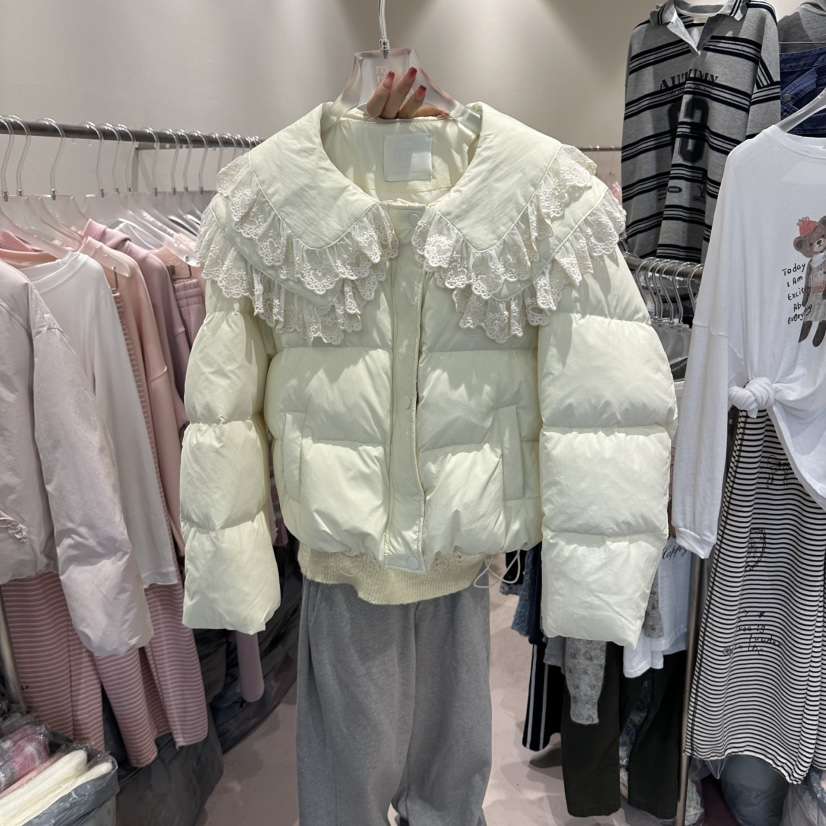 MIMME/LOOKK東大門實拍女士新款休閑短款羽絨服蕾絲鴨絨MIMME/LOOKK短款羽絨服