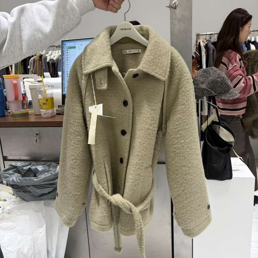 BREATHE東大門直郵女裝新款休閑熱賣人氣短款大衣含腰帶羊駝BREATHE短款大衣