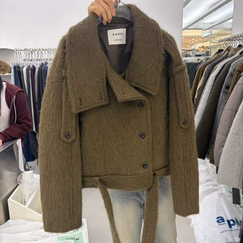 PADO東大門代購女裝新品時尚推薦真品短款大衣含腰帶羊駝PADO短款大衣