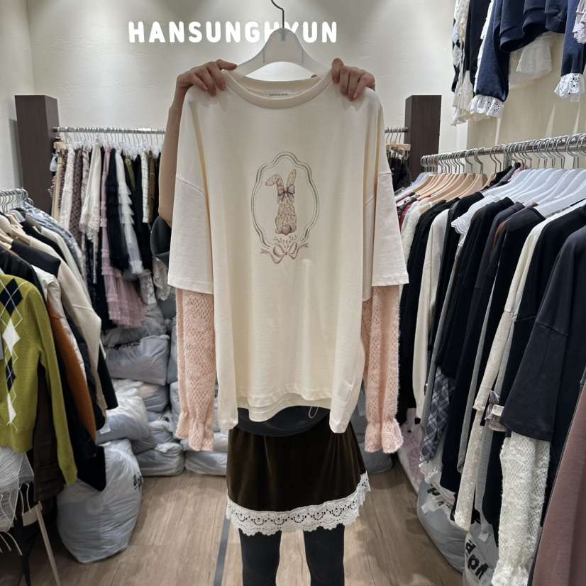 HANSUNGHYUN東大門直郵女裝新品熱賣真品休閑長袖T恤蕾絲HANSUNGHYUN長袖T恤