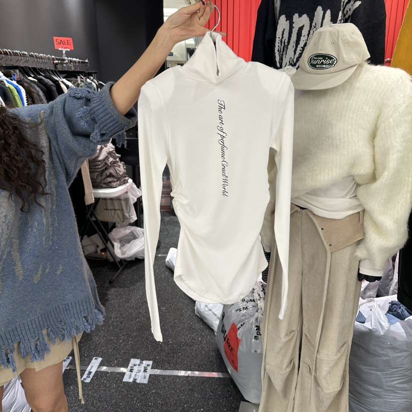 RARE CLOSET韓國代購女士新款推薦休閑長袖T恤字母高領褶皺RARE CLOSET長袖T恤