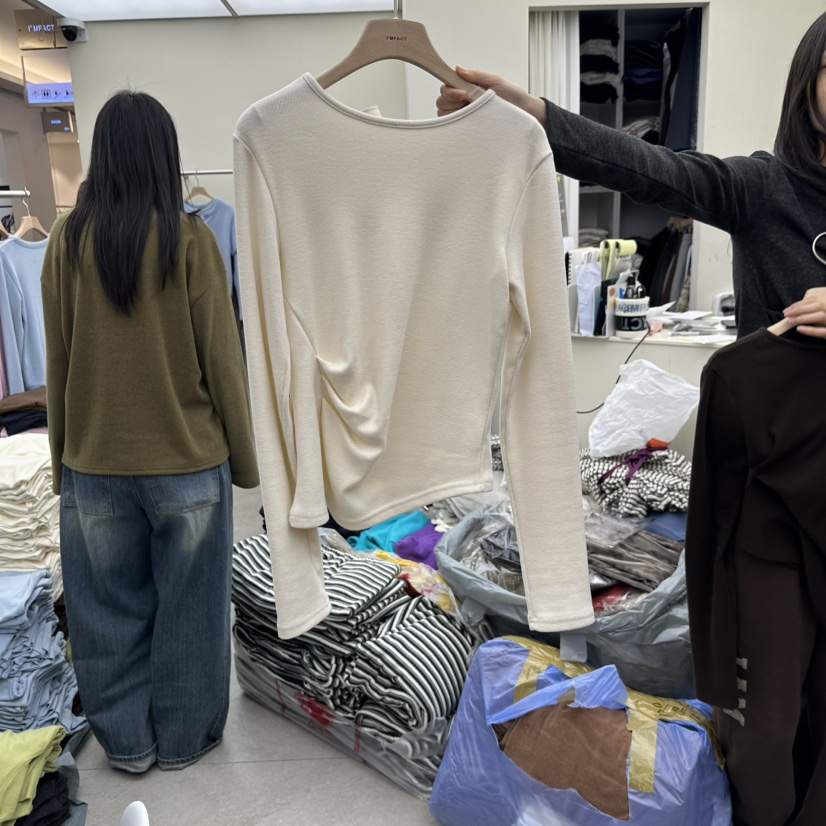I MFACT韓國直郵女士新品時尚真品熱賣長袖T恤不對稱褶皺I MFACT長袖T恤