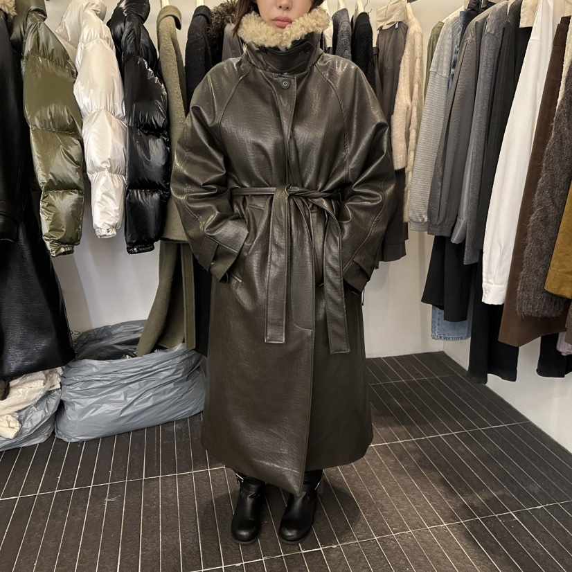 FIND-P東大門實拍女裝新品熱賣推薦中長款大衣含腰帶皮革FIND-P中長款大衣