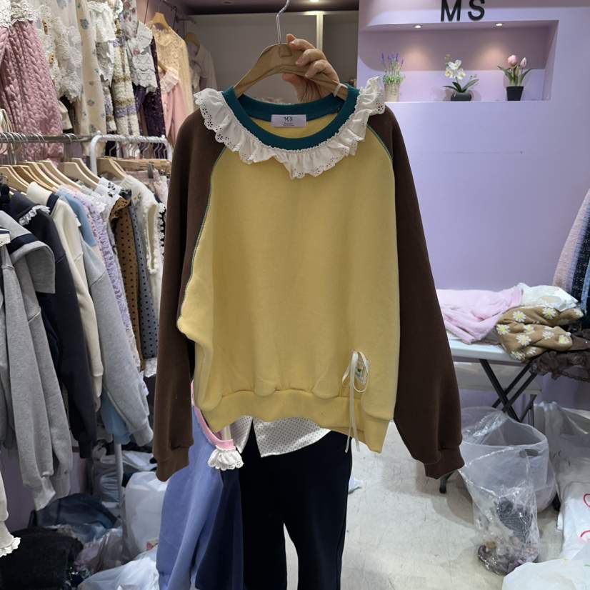 MS韓國直郵女士新款推薦真品人氣職業衛衣插肩袖加絨撞色MS衛衣