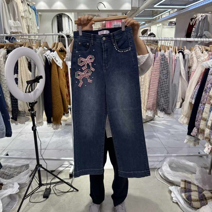 MS東大門實拍女士新款職業熱賣休閑時尚推薦人氣牛仔褲絲帶MS牛仔褲