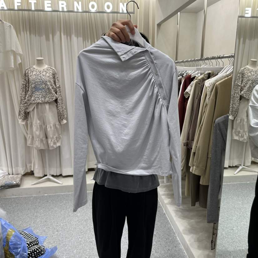AFTERNOON韓國代購女裝新品推薦時尚休閑長袖T恤條紋紐扣AFTERNOON長袖T恤