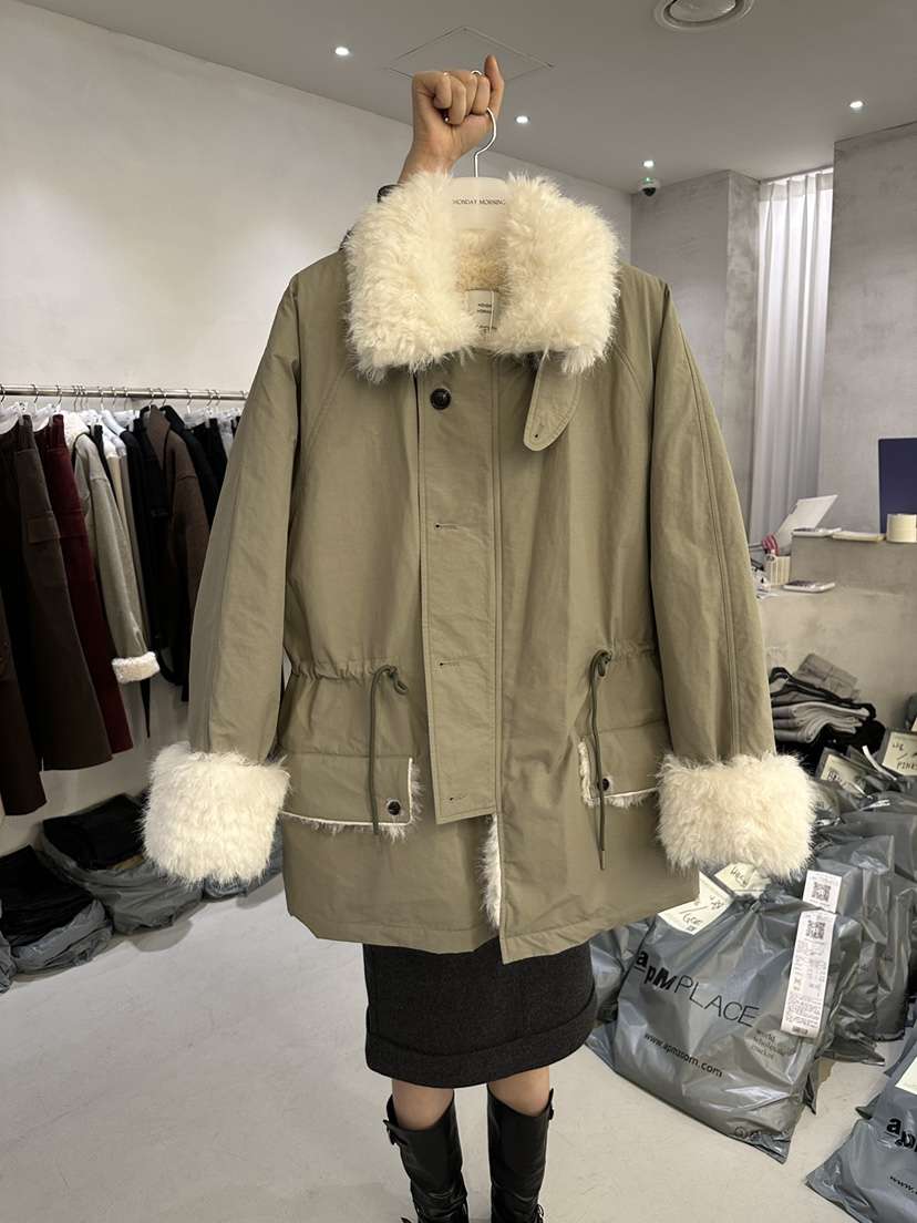 Monday Morning東大門實拍26秋冬毛絨收腰棉服長款棉服毛絨立Monday Morning長款棉服