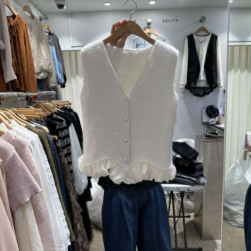 BELITA韓國直郵26秋冬V領亮片荷葉邊針織馬甲荷葉邊單排扣V領BELITA馬甲