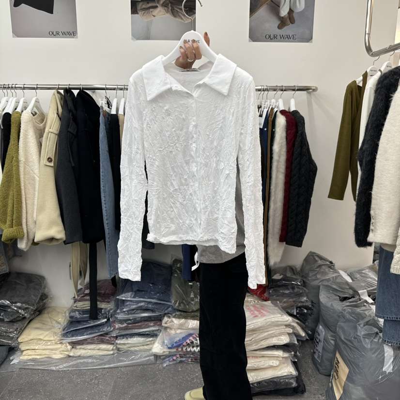 OURWAVE/OUR ROOM韓國代購26秋季褶皺翻領襯衫蕾絲衫修身褶皺OURWAVE/OUR ROOM襯衫/蕾絲衫