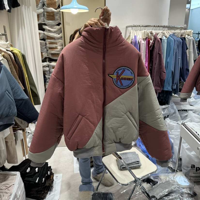 MIENNE東大門代購26秋冬立領拼色短款棉服口袋立領拼色落肩寬MIENNE短款棉服