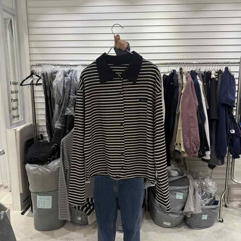 BRICKLANE東大門實拍26秋季寬松條紋翻領長袖POLO衫長袖T恤翻BRICKLANE長袖T恤