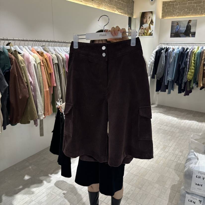 Fleek韓國直郵26秋季燈芯絨工裝中褲 休閑風短褲口袋工裝高腰Fleek短褲