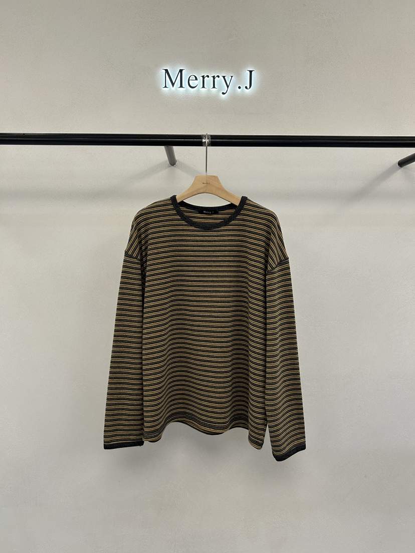 MERRY-J韓國直郵26秋冬落肩寬松條紋長袖T恤落肩撞色圓領寬松MERRY-J長袖T恤