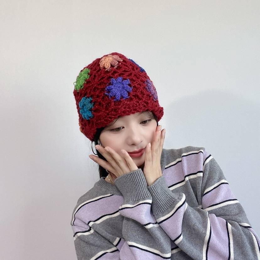 LOVELY HAT韓國直郵26秋季復古鉤花針織帽帽子花朵LOVELY HAT帽子