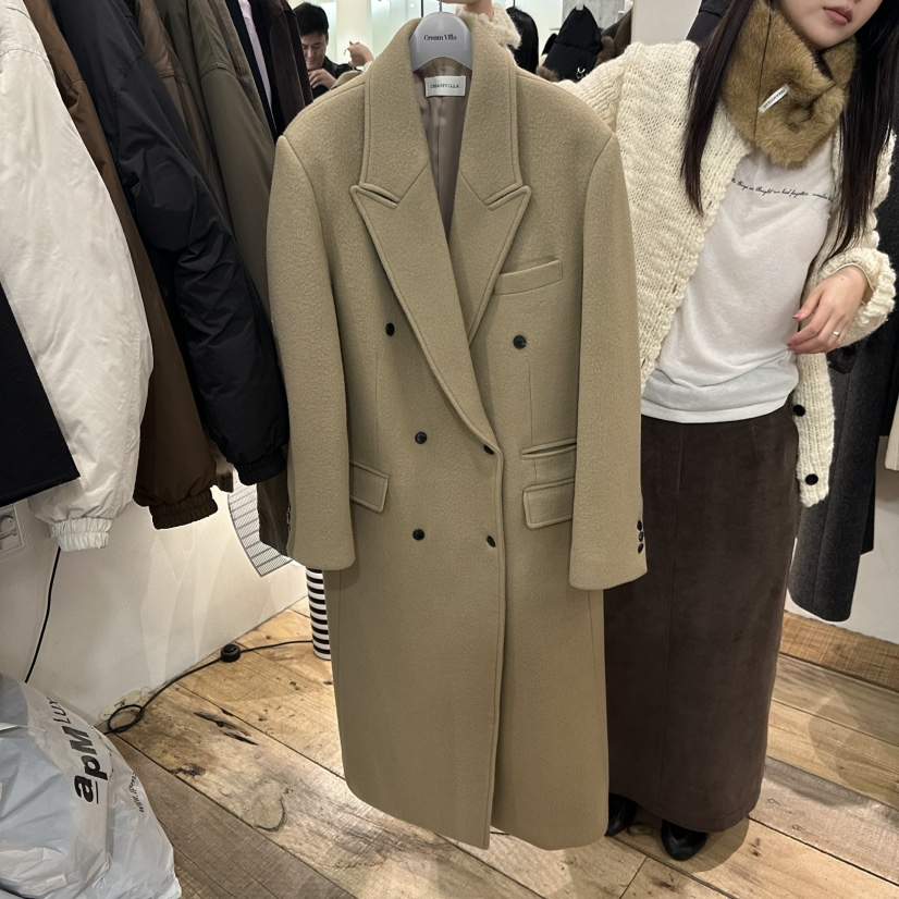 CREAM VILLA東大門代購26秋冬雙排扣毛呢大衣中長款大衣雙排扣CREAM VILLA中長款大衣