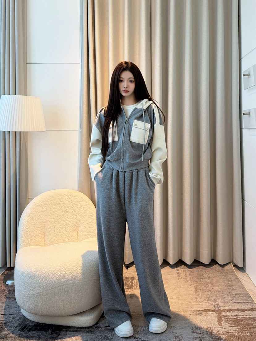 CLOTH韓國直郵26秋季拼色連帽衛衣闊腿套裝闊腿褲口袋拼色撞色CLOTH套裝