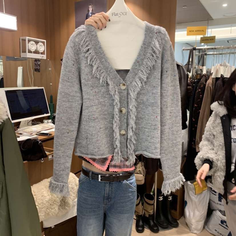 FLat OGI韓國直郵26秋冬流蘇V領針織開衫單排扣V領流蘇落肩FLat OGI開衫