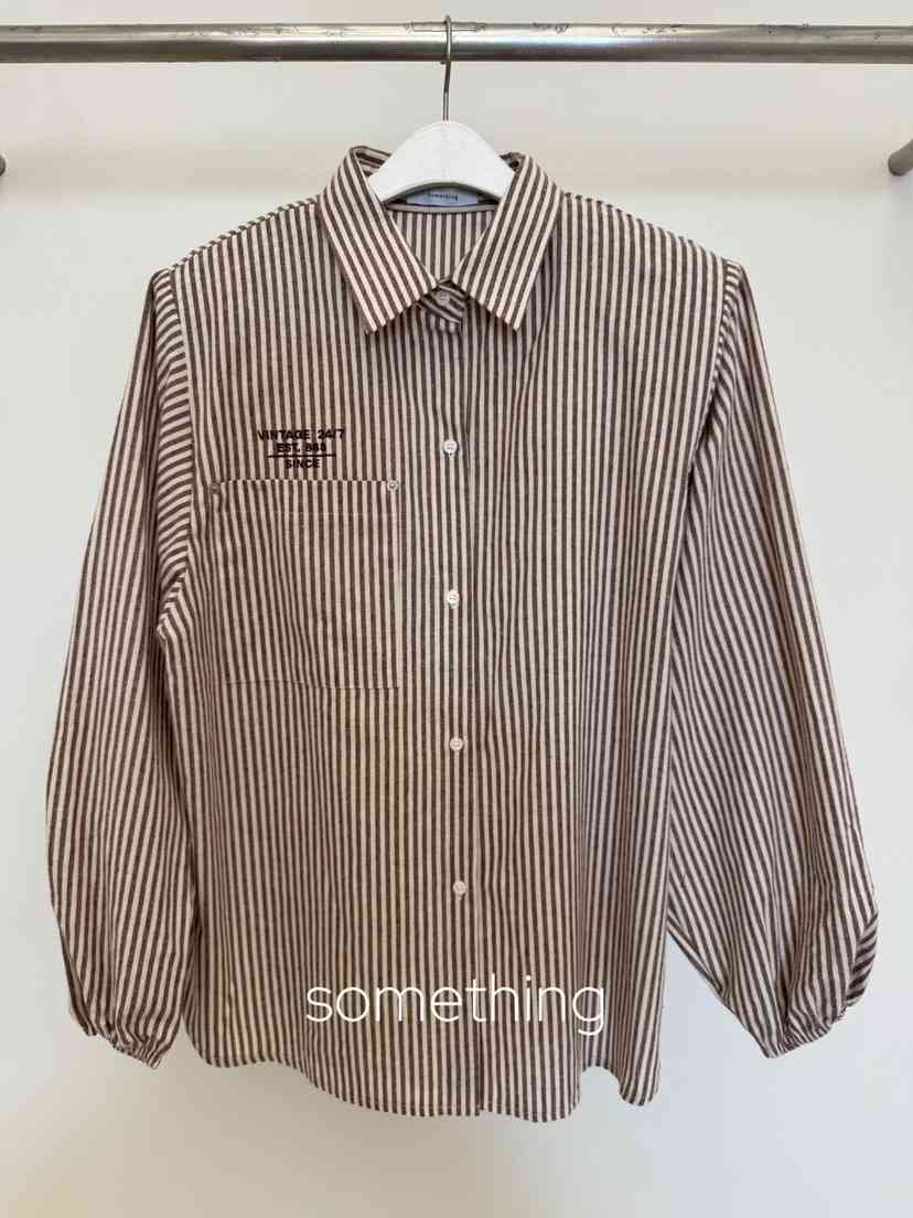 SOMETHING-L/FANCY東大門實拍26秋冬燈籠袖條紋襯衫蕾絲衫直筒SOMETHING-L/FANCY襯衫/蕾絲衫