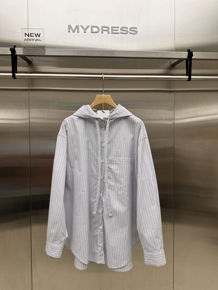 MYDRESS東大門實拍26秋季寬松連帽條紋襯衫蕾絲衫落肩寬松開襟MYDRESS襯衫/蕾絲衫