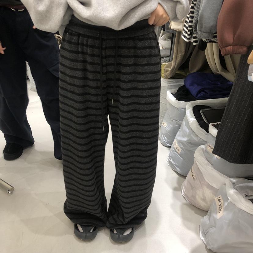 YUNBAL韓國代購26秋季條紋加絨闊腿休閑褲加絨抽繩直筒YUNBAL休閑褲