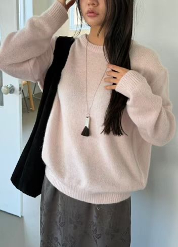 AMY GRACE東大門直郵26秋冬圓領落肩針織毛衣針織衫落肩圓領寬AMY GRACE針織衫