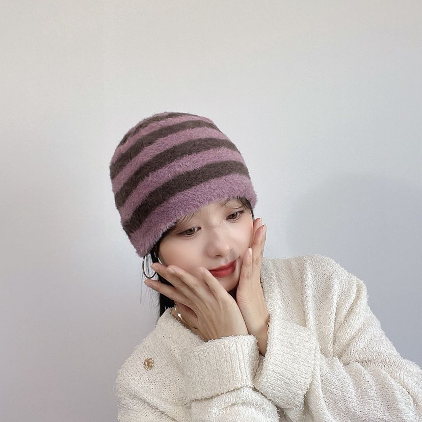 LOVELY HAT韓國代購26秋冬毛絨條紋針織帽 日常保暖帽子條紋LOVELY HAT帽子