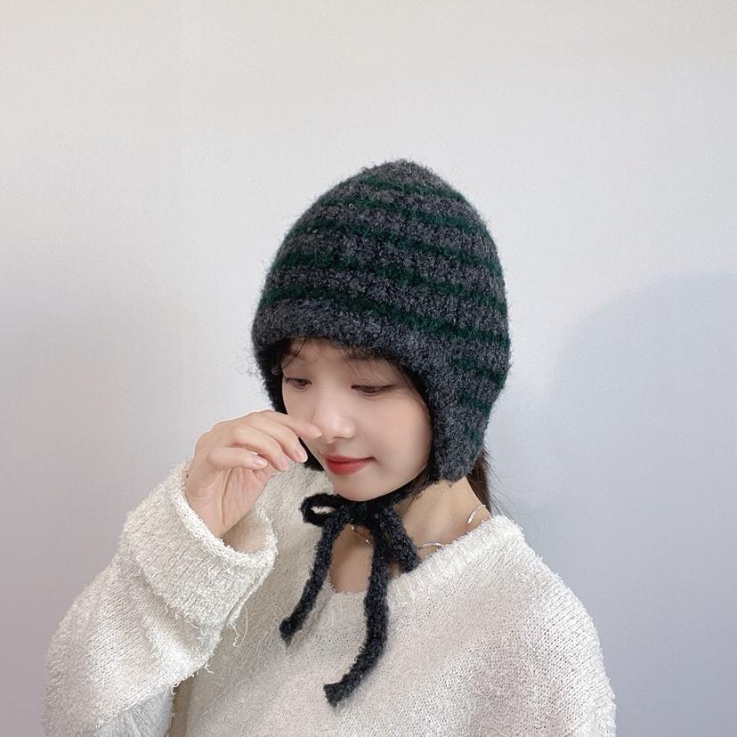 LOVELY HAT東大門實拍26秋季條紋護耳針織帽帽子系帶LOVELY HAT帽子