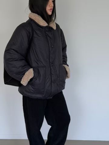 AMY GRACE韓國代購26秋冬毛領短款棉服羽絨服單排扣口袋落肩寬AMY GRACE短款棉服