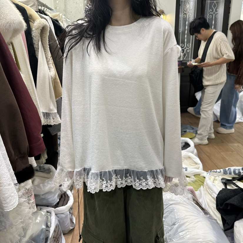 BY FLOW韓國代購26秋冬蕾絲拼接寬松長袖T恤拼接蕾絲花邊圓領BY FLOW長袖T恤