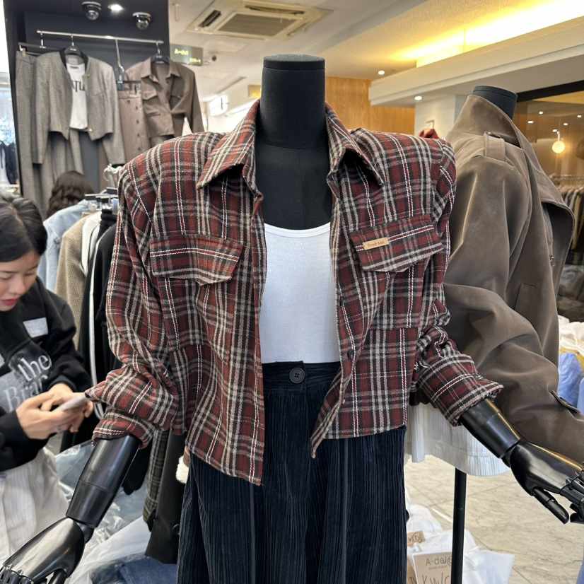 A-DEL東大門直郵26秋季短款格紋襯衫蕾絲衫不含內搭短款翻領A-DEL襯衫/蕾絲衫
