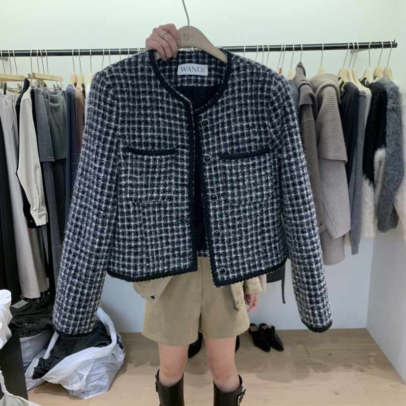 WANDJ東大門直郵26秋冬短款圓領粗花呢夾克單排扣格紋圓領WANDJ夾克