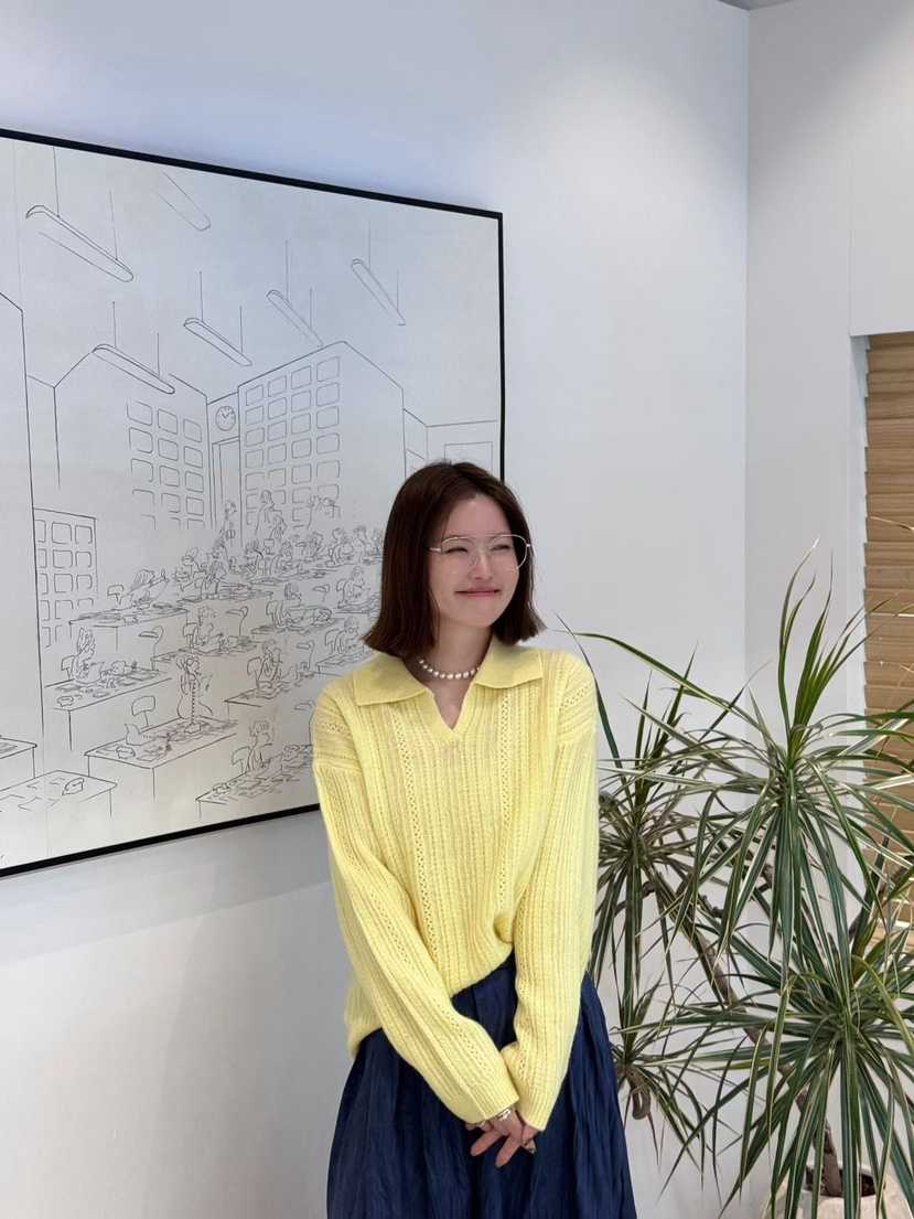 A.b/AUTUMN BEIGE東大門代購26秋冬翻領鏤空針織衫翻領寬松條A.b/AUTUMN BEIGE針織衫