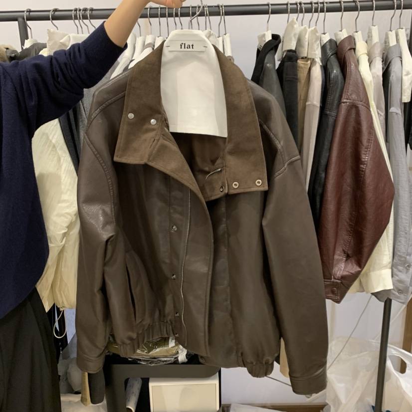 flat東大門代購26秋冬立領拼接皮夾克 復古休閑外套立領翻領紐flat夾克
