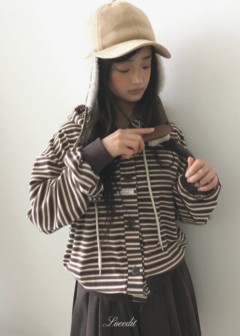 LOEEDIT東大門實拍26秋冬寬松條紋連帽開衫衛衣落肩寬松紐扣羅LOEEDIT衛衣