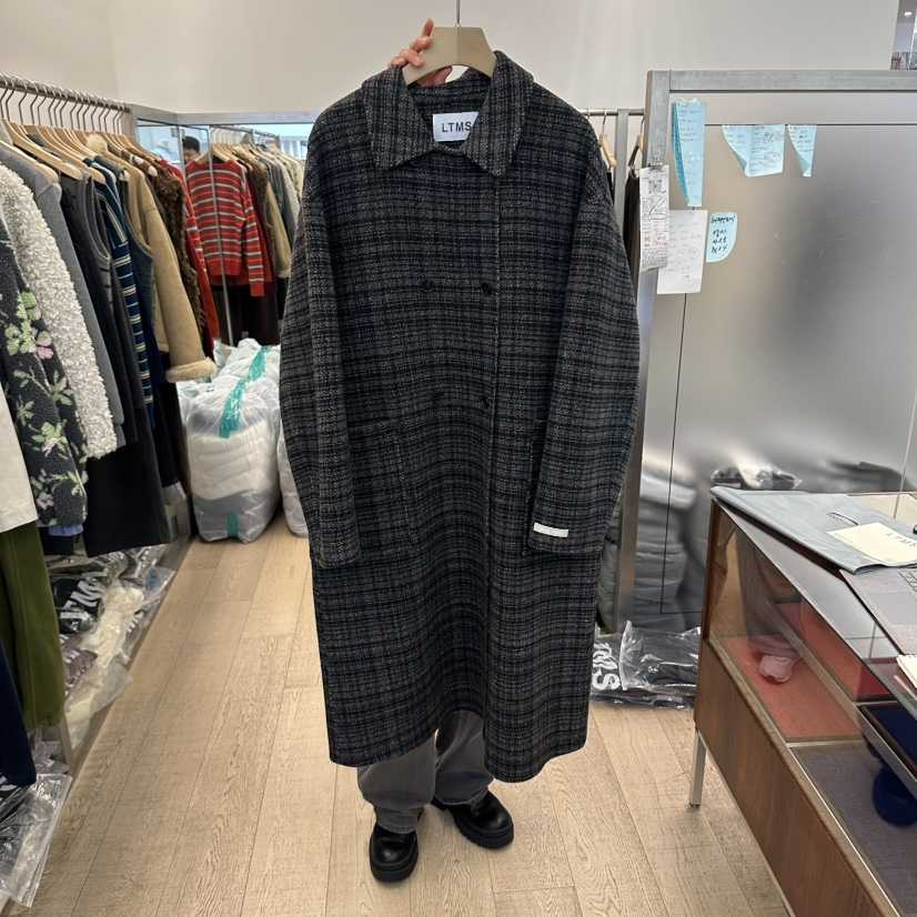 LTMS韓國直郵26秋冬復古格紋中長款毛呢大衣中長款大衣雙排扣LTMS中長款大衣