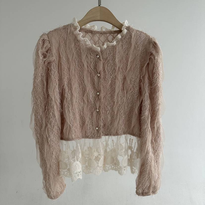 JENNY 1976東大門代購26秋冬蕾絲拼接短款開衫襯衫蕾絲衫蕾絲JENNY 1976襯衫/蕾絲衫