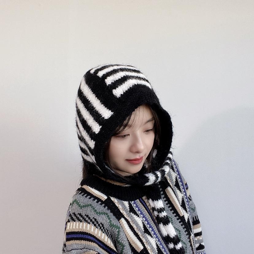 LOVELY HAT東大門代購26秋冬針織條紋連帽圍脖帽子條紋LOVELY HAT帽子