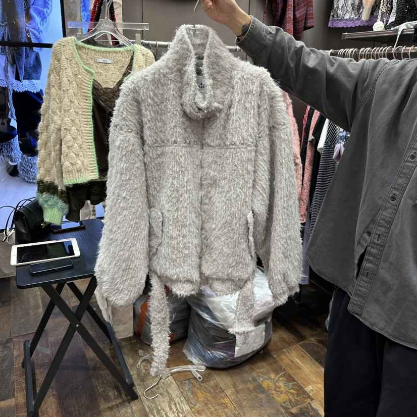 CLODE東大門直郵26秋冬毛絨鉚釘立領夾克口袋立領系帶CLODE夾克