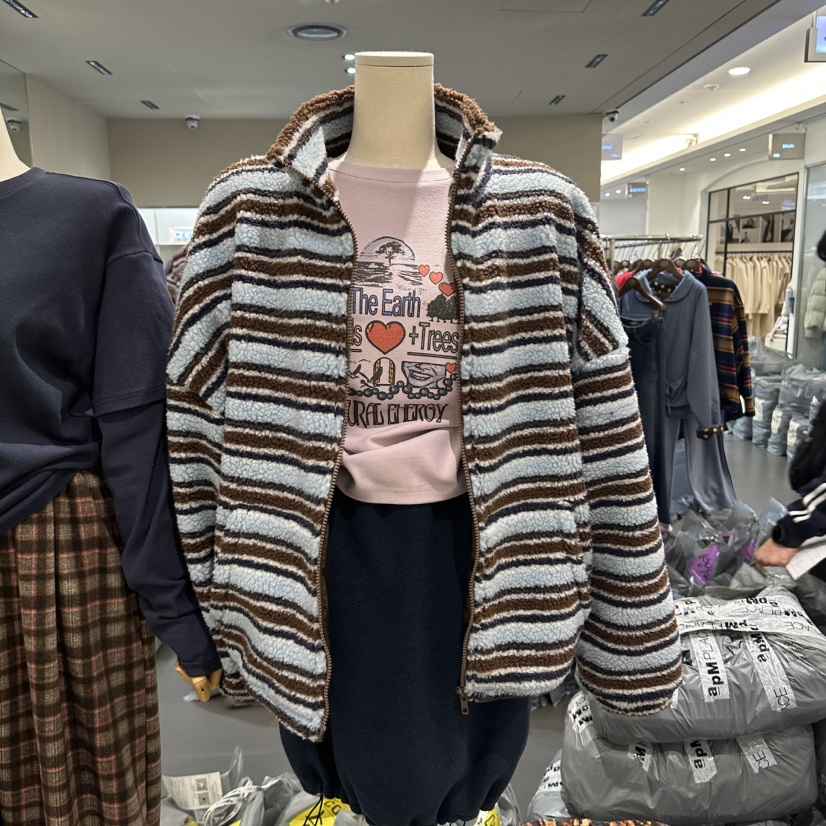 COM_BO韓國直郵26秋冬條紋立領羊羔毛衛衣不含內搭立領落肩寬COM_BO衛衣