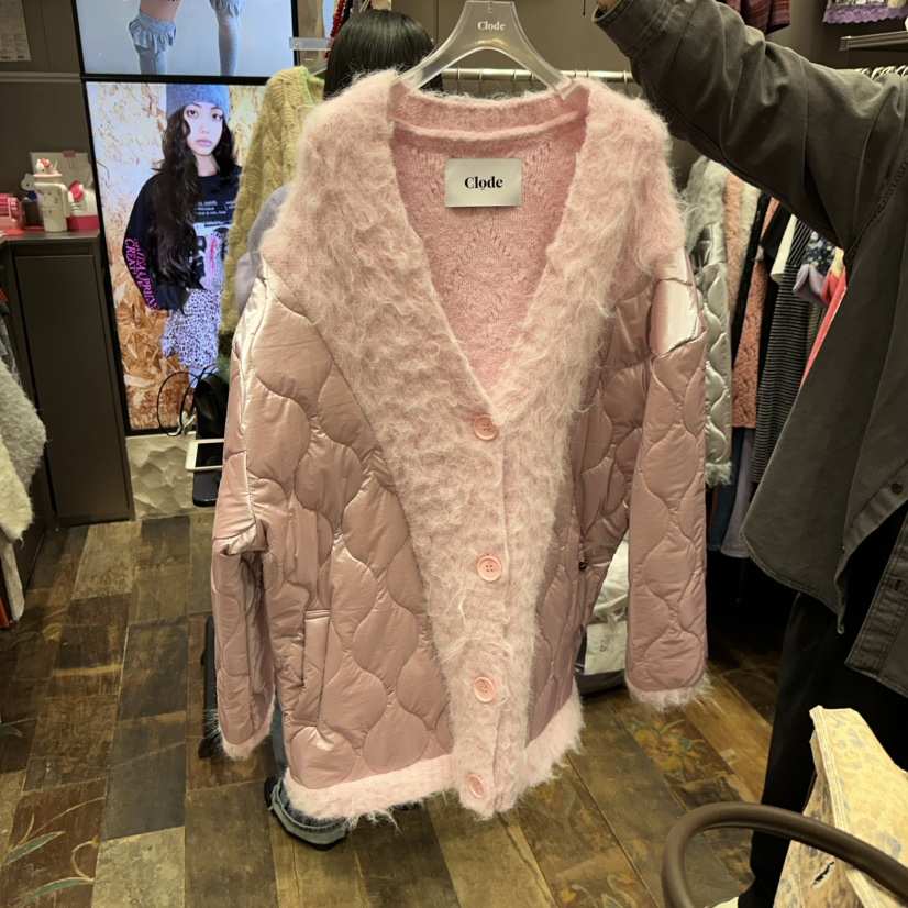 CLODE韓國代購26秋冬毛絨拼接衍縫棉服短款棉服單排扣V領口袋CLODE短款棉服