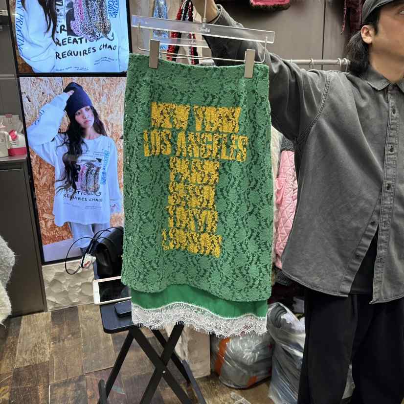 CLODE東大門直郵26秋冬蕾絲印花城市風長裙拼接蕾絲花邊字母直CLODE長裙